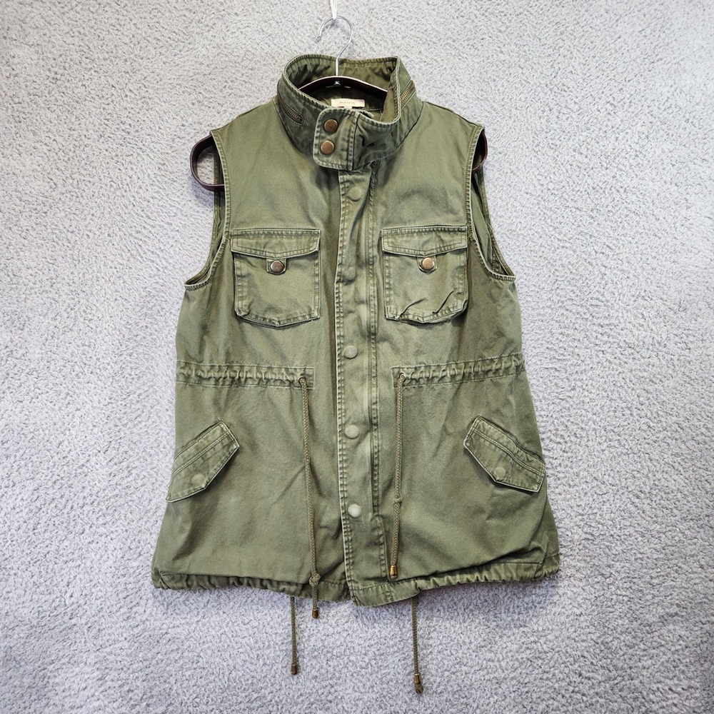 Pleione Utility Vest Womens Medium Olive Green Drawstring Pockets‎ 100% Cotton